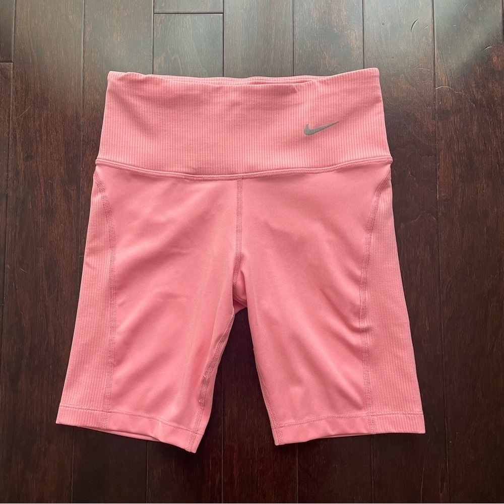 Nike Women Pink Biker Shorts Running Tight Fit Mid Rise Ribbed Panel Spandex XS
